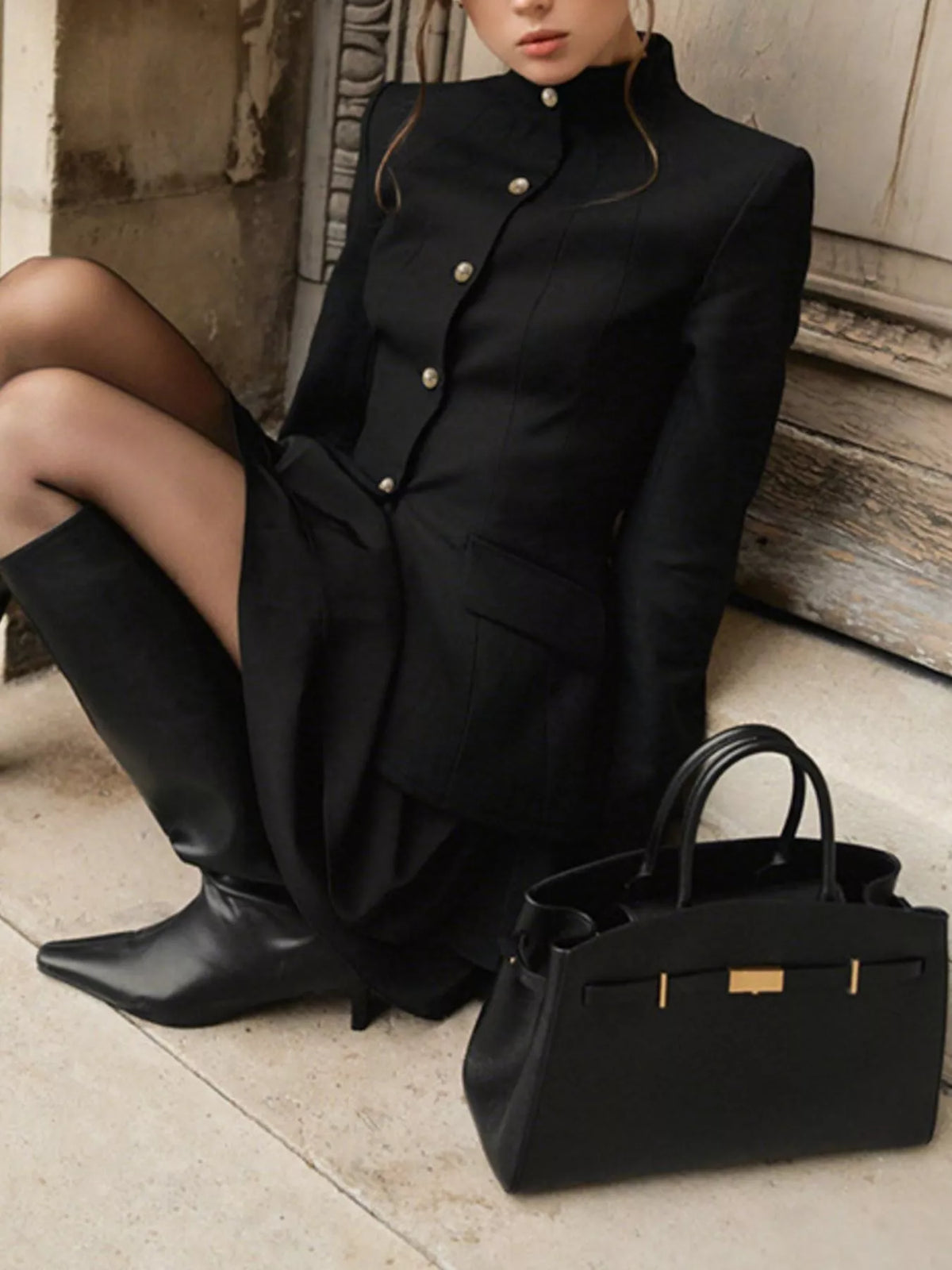 Elegant Trendsi blazer and mini skirt set featuring a stand collar, tailored fit, perfect for stylish dress occasions.