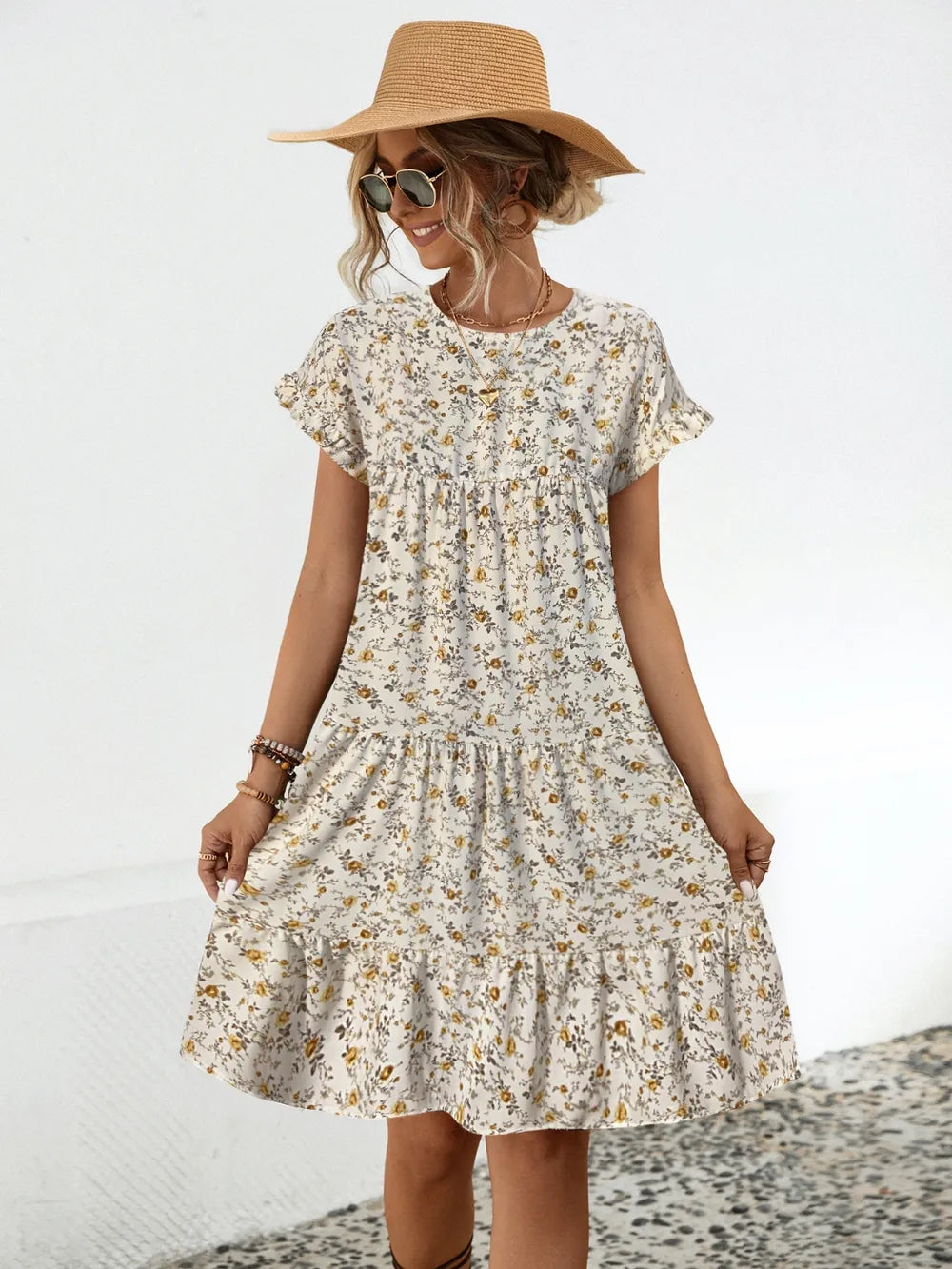 Frill Floral Round Neck Short Sleeve Tiered Dress - Premium Dress from Trendsi - Just $19.46! Shop now at Craftklart.store