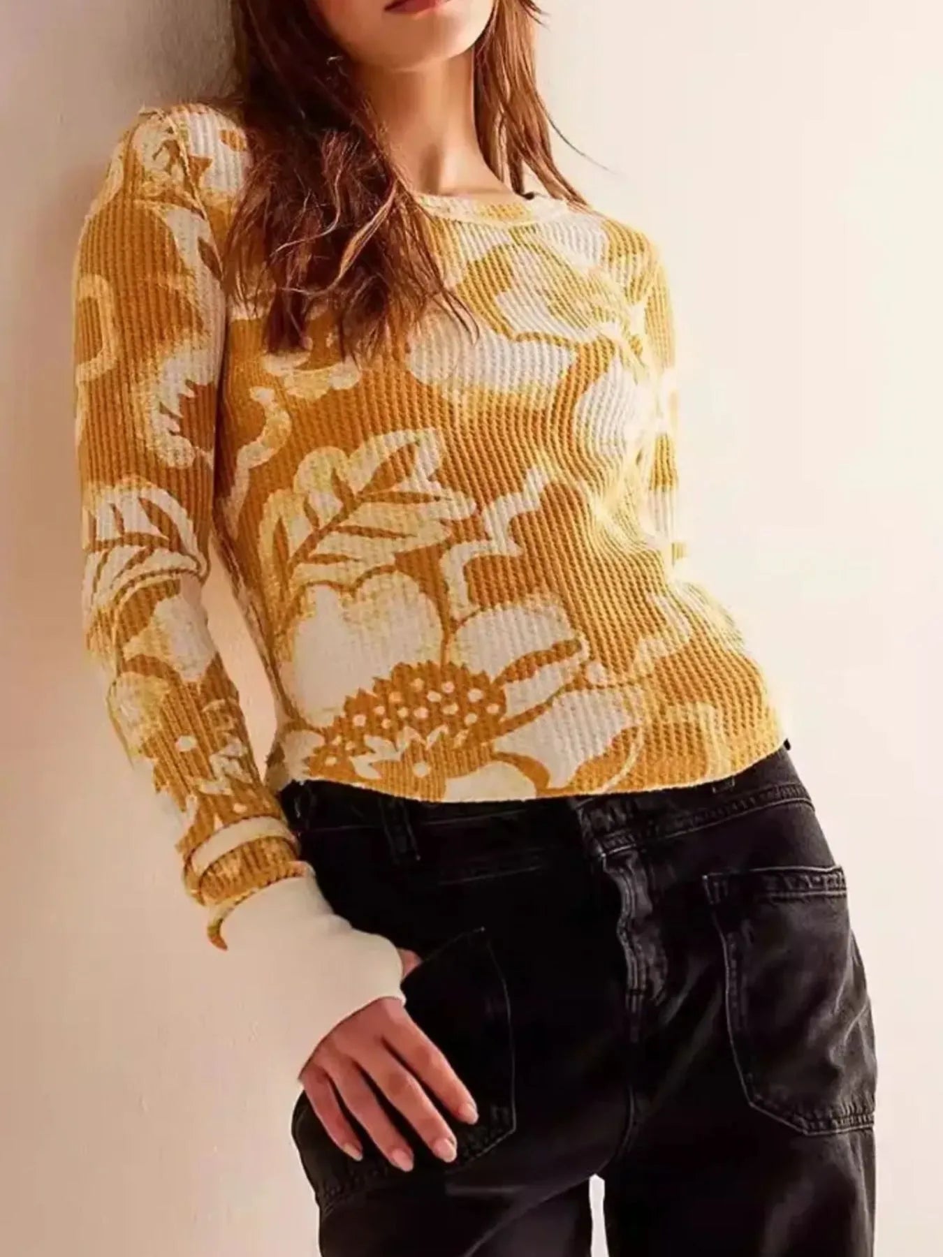 Floral Print Waffle Knit Top - Premium Jumper from Trendsi - Just $24.68! Shop now at Craftklart.store