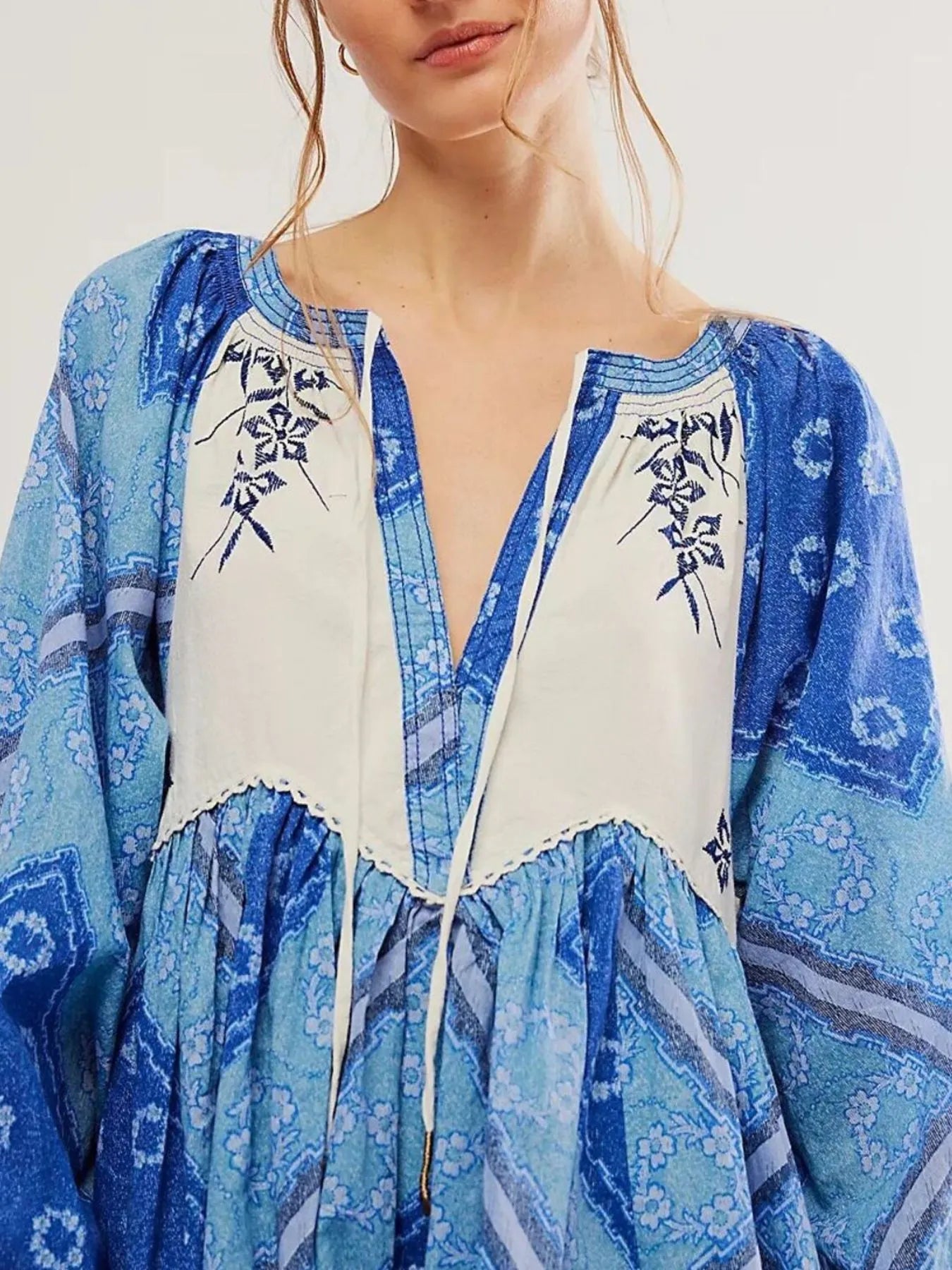 Printed Tie Neck Long Sleeve Dress - Premium Dress from Trendsi - Just $30.70! Shop now at Craftklart.store