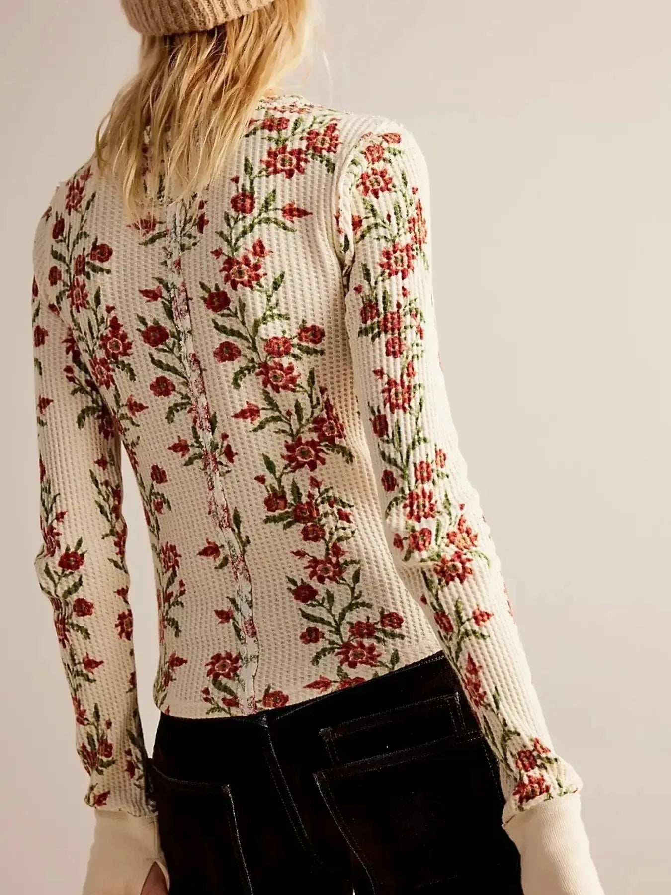 Floral Print Waffle Knit Top - Premium Jumper from Trendsi - Just $24.68! Shop now at Craftklart.store