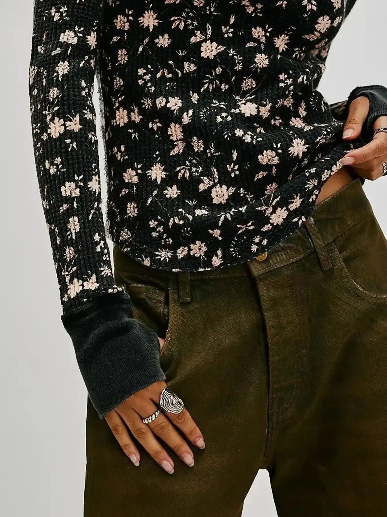 Floral Print Waffle Knit Top - Premium Jumper from Trendsi - Just $24.68! Shop now at Craftklart.store