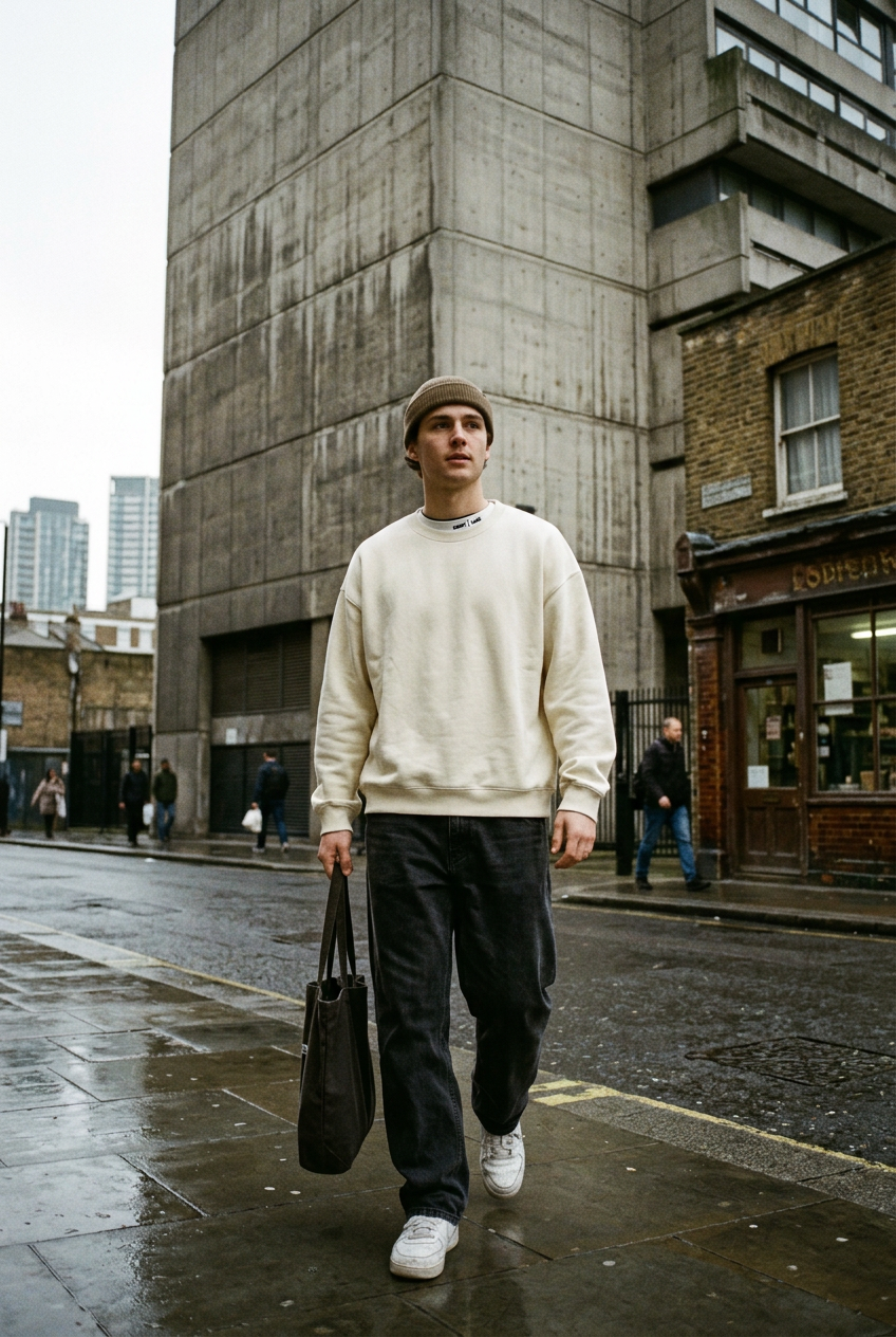 ODMPOD Stillform Heavyweight Sweatshirt in dark color, showcasing a cozy, thick fabric and relaxed fit for casual wear