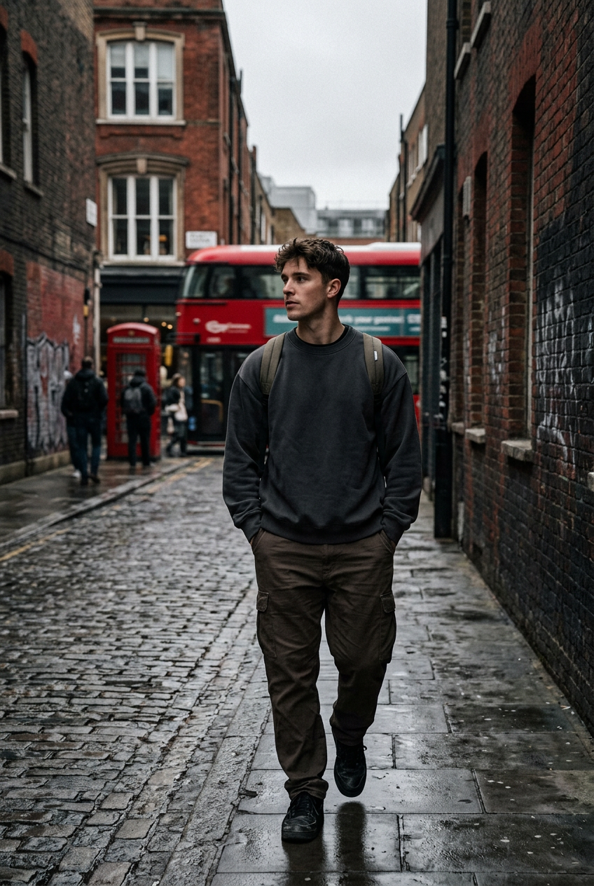 ODMPOD Stillform Heavyweight Sweatshirt in charcoal, showcasing a cozy, thick fabric and classic fit on a hanger.