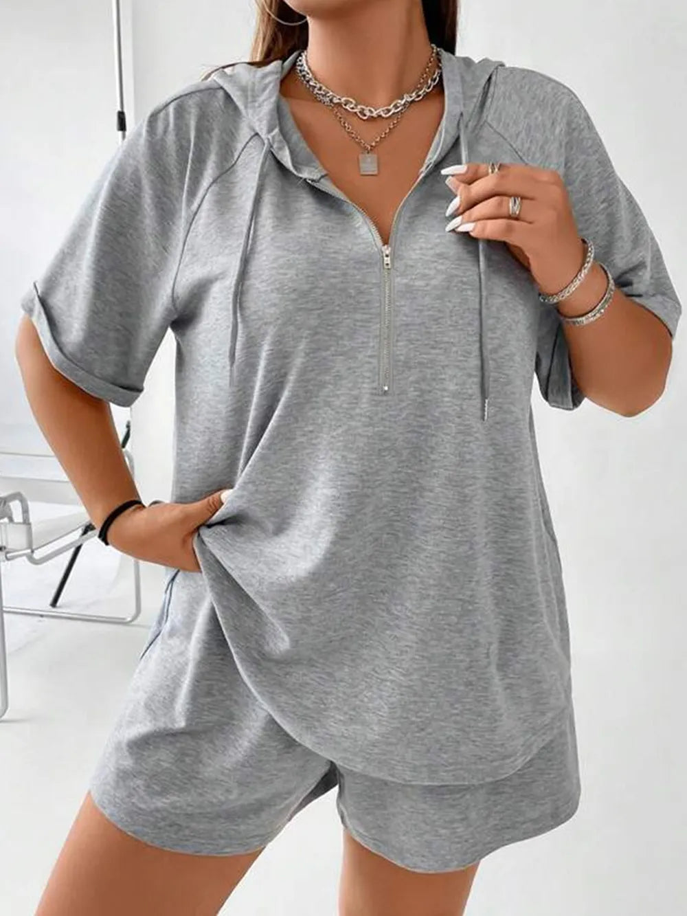Full Size Drawstring Half Zip Hooded Top and Shorts Set Plus Size - Premium Hoodie from Trendsi - Just $19.99! Shop now at Craftklart.store