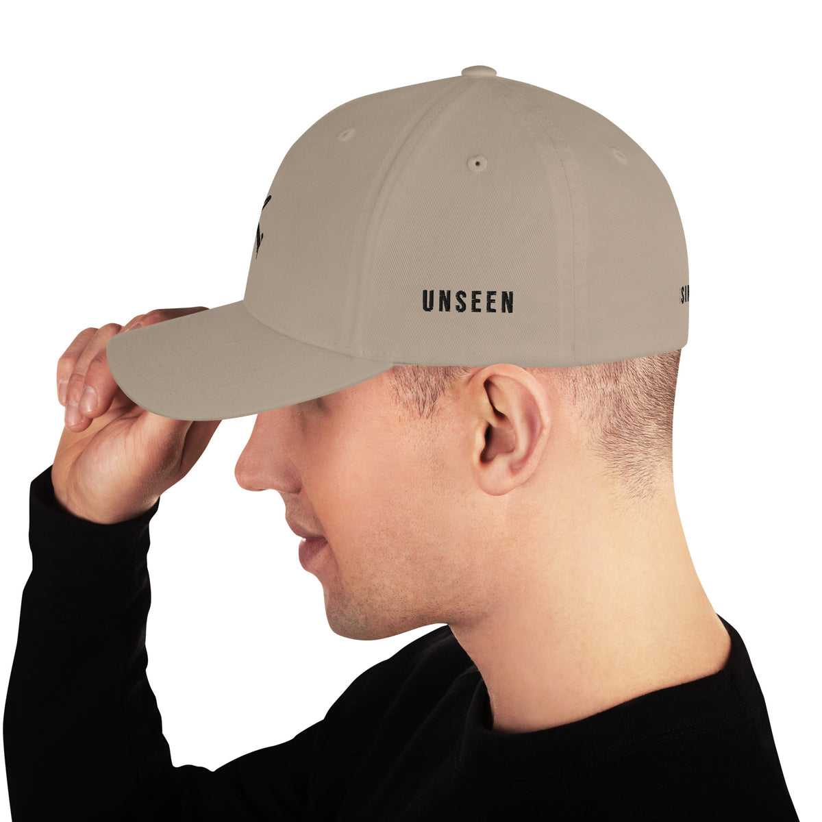 ODMPOD Urban Form UNSEEN Tones structured twill cap with closed back in khaki, showing front view with adjustable strap.