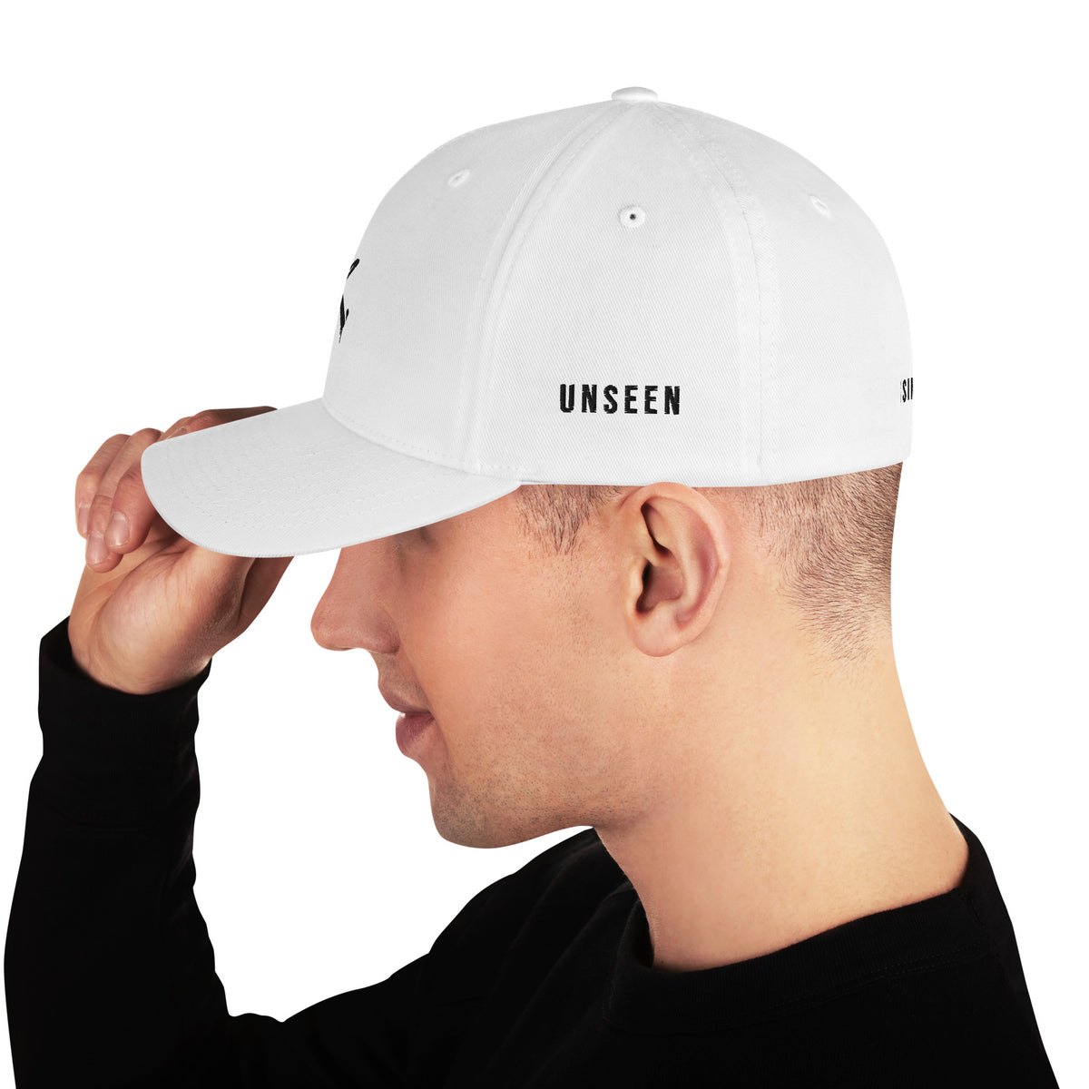 ODMPOD Urban Form UNSEEN Tones structured twill cap in white with a closed-back design, shown from the left side.