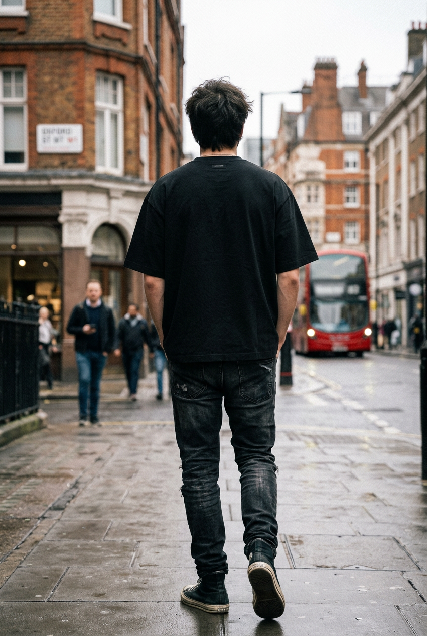 Man wearing a black Craftklart heavyweight cotton t-shirt with a loose fit and dropped shoulders, viewed from behind.