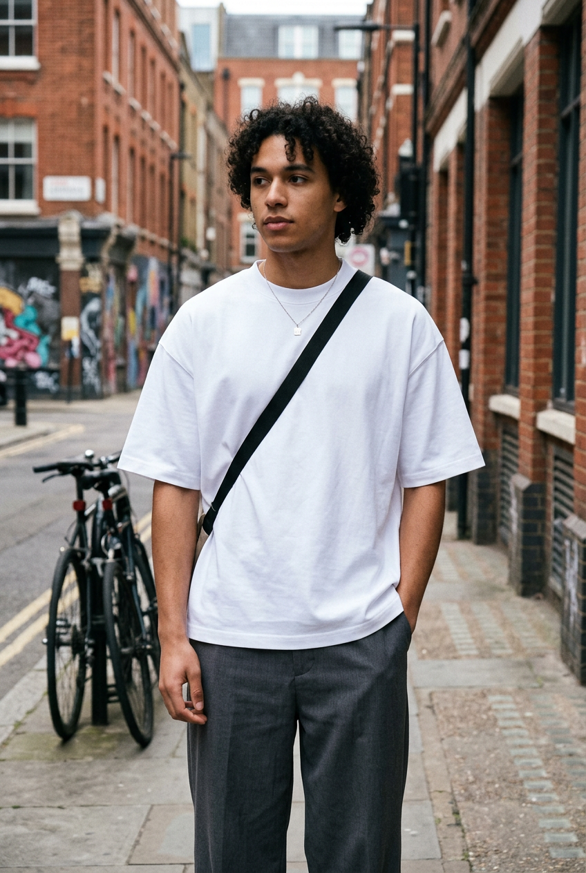 Model wearing a white Craftklart heavyweight cotton t-shirt with a loose fit and dropped shoulders on a city street.