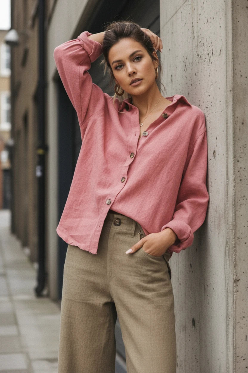 Women's oversized cotton linen blouse in watermelon red with button-up front from Craftklart Dropship, casual and breathable for warm weather.