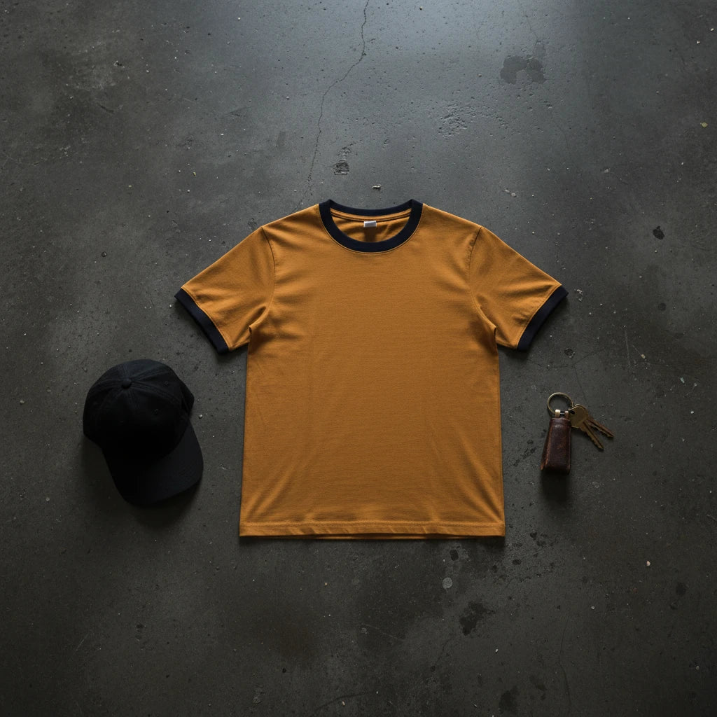 Men's 270g heavyweight cotton patchwork T-shirt in gold and brown from Craftklart Dropship, featuring a stylish summer tee design.