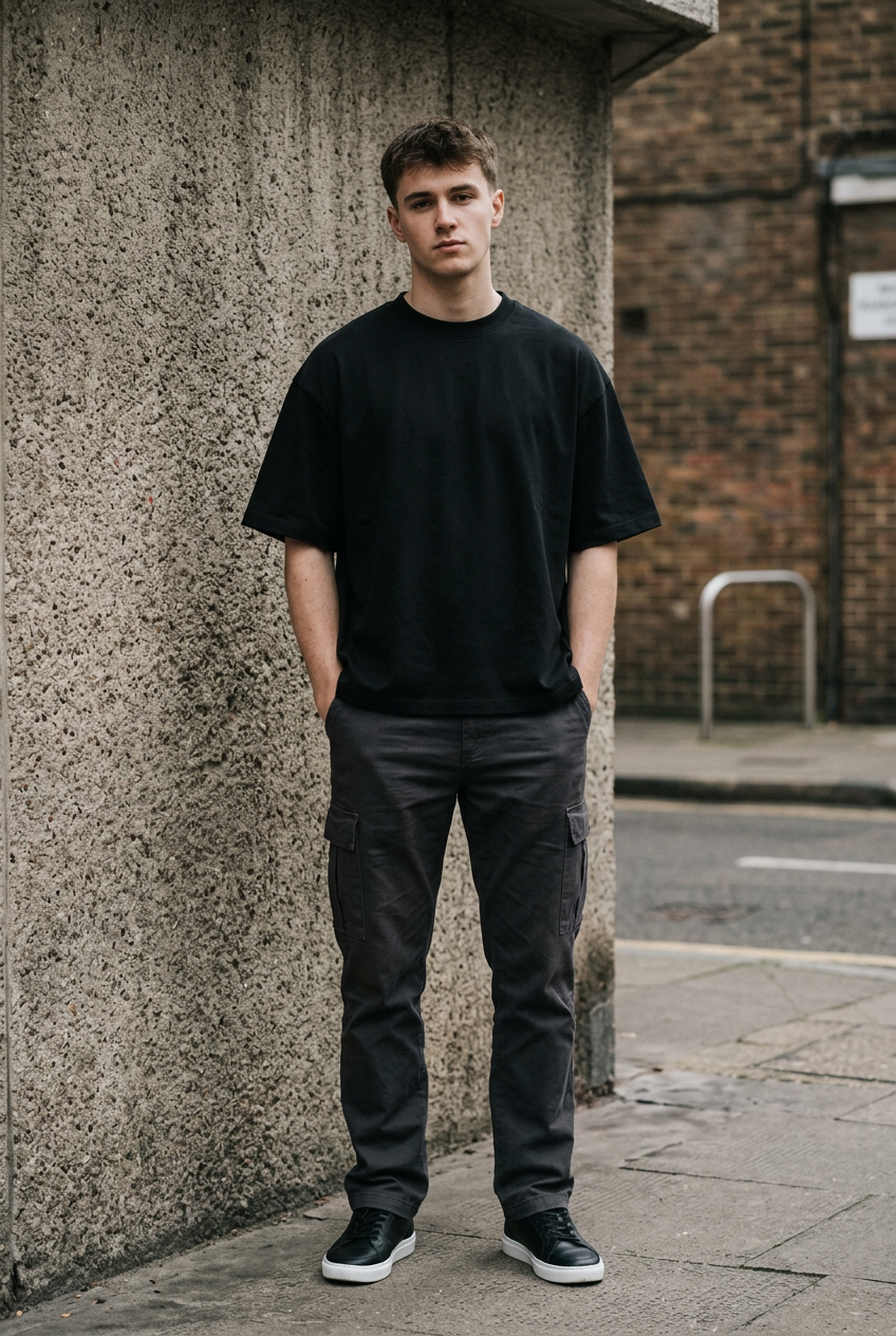 Craftklart heavyweight black cotton t-shirt with a loose fit and dropped shoulders worn with dark cargo trousers.