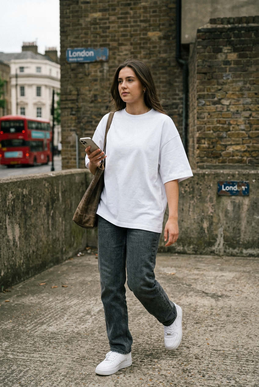 Craftklart heavyweight white cotton t-shirt with a loose fit and dropped shoulders worn with dark grey jeans.