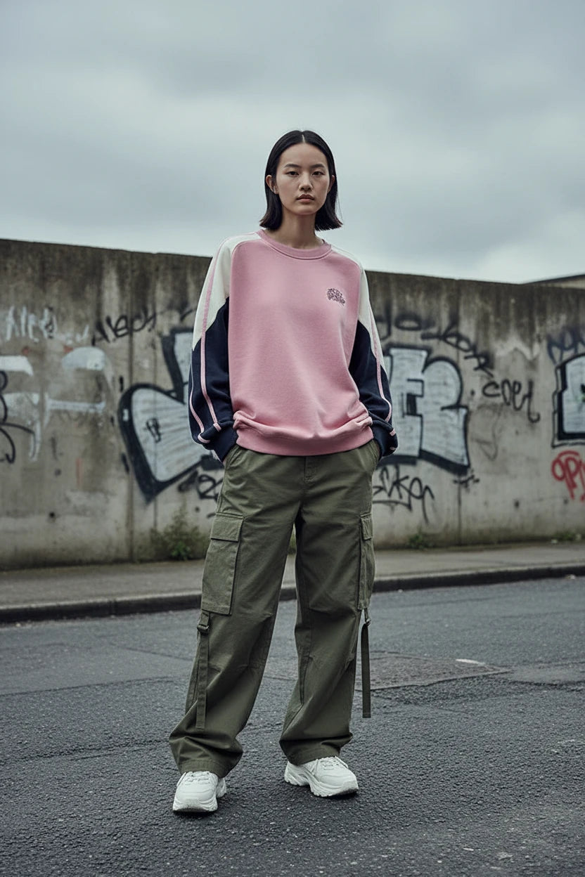 Women's pink retro contrast stitch loose pullover sweatshirt by Craftklart, featuring a relaxed fit and stylish stitching details.