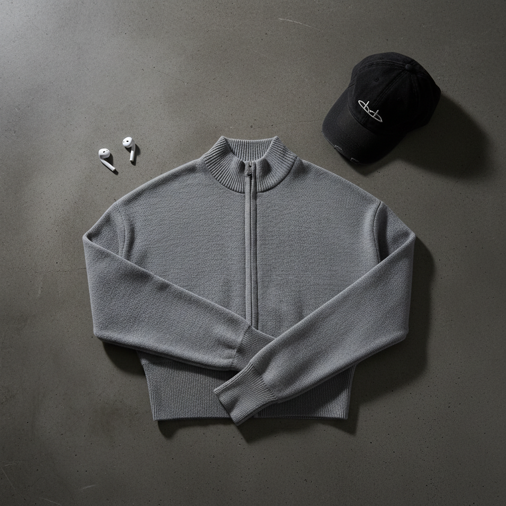 ODMPOD full zip knit cardigan, soft knitwear with front zipper and ribbed cuffs, in a cozy, versatile design.