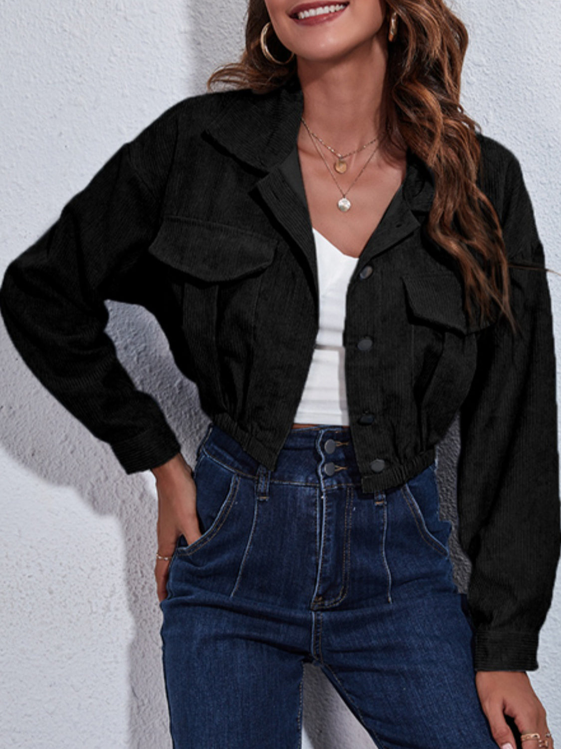 Collared Neck Dropped Shoulder Buttoned Jacket - Premium Jacket from Trendsi - Just $19.89! Shop now at Craftklart.store