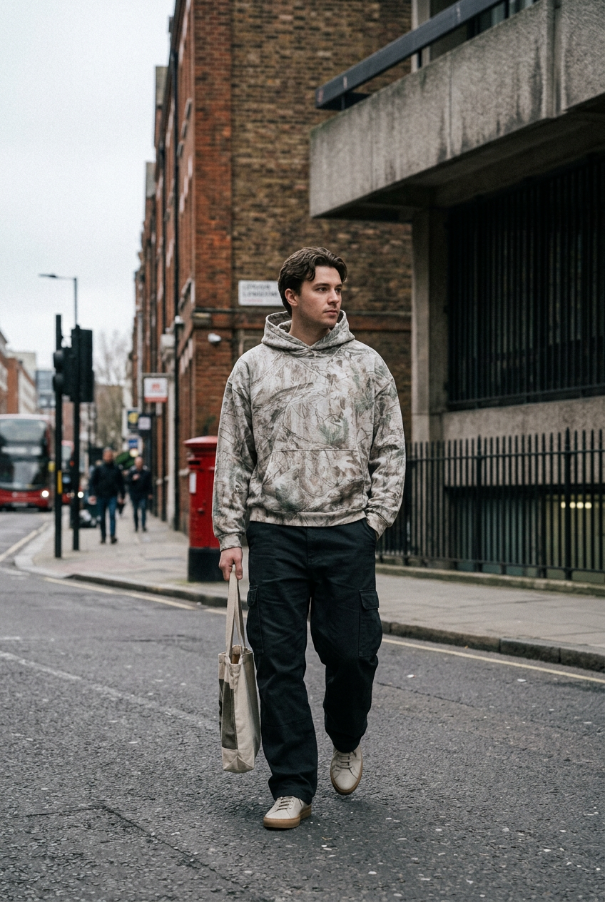 ODMPOD oversized fleece hoodie with tree camo pattern, featuring a relaxed fit and cozy fleece material.