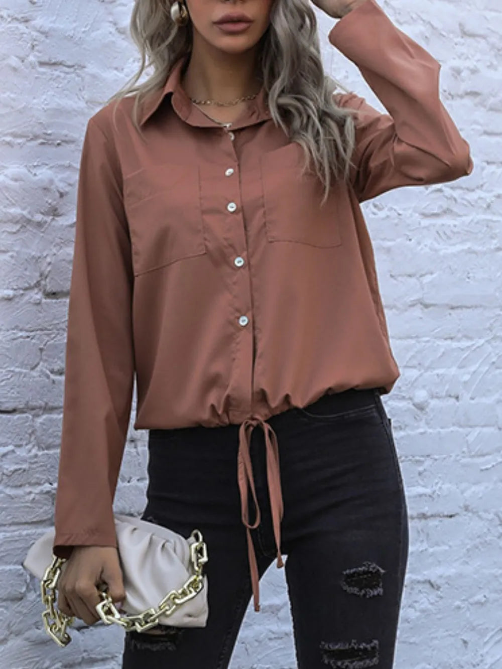 Perfee Tied Hem Button Down Long Sleeve Shirt - Premium Shirt from Trendsi - Just $20.05! Shop now at Craftklart.store