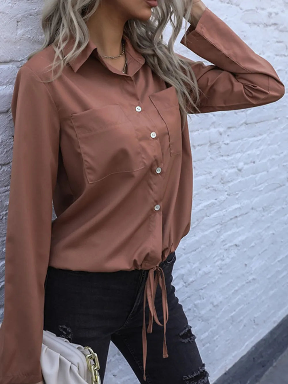 Perfee Tied Hem Button Down Long Sleeve Shirt - Premium Shirt from Trendsi - Just $20.05! Shop now at Craftklart.store