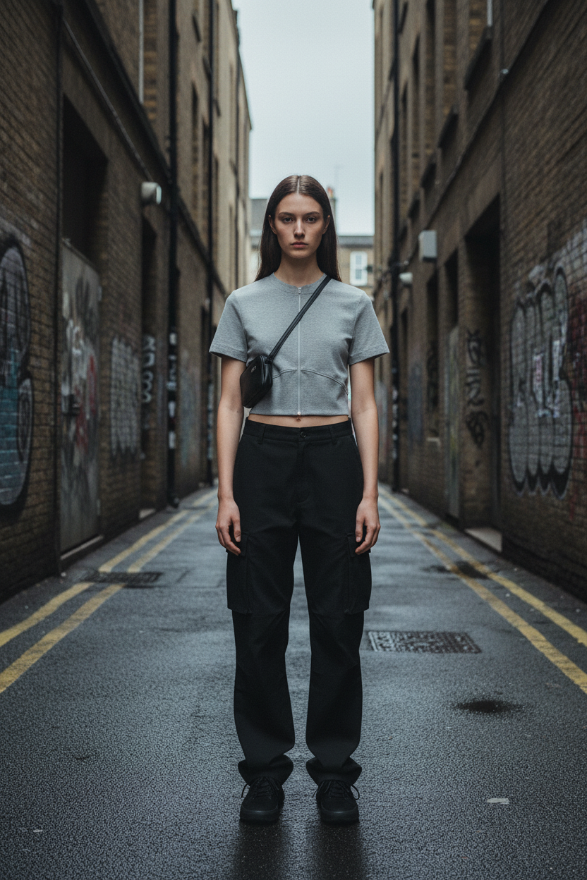 ODMPOD cropped full zip panel T-shirt, a stylish casual top with a zip-up front and color-block panel design.