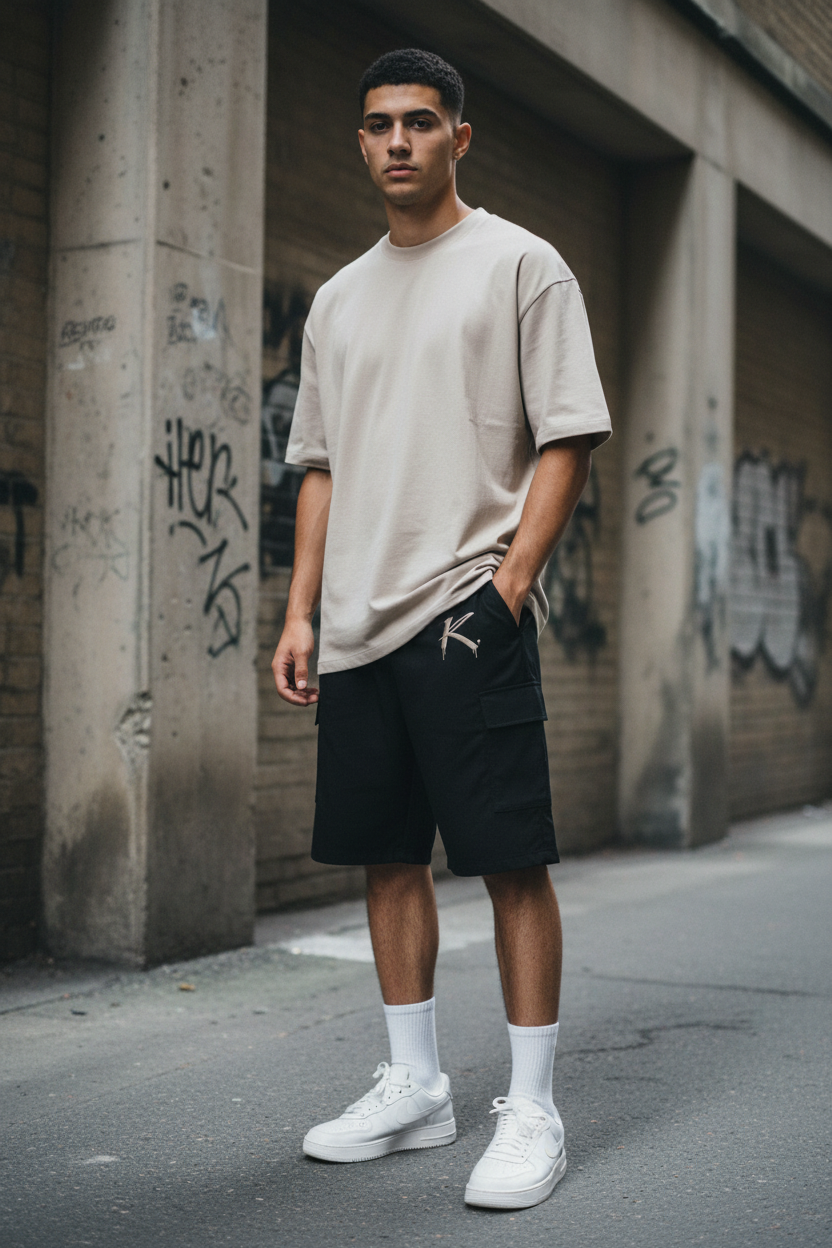 Unisex ODMPOD drawstring cargo shorts with multiple pockets, casual fit, and lightweight fabric, suitable for everyday wear.