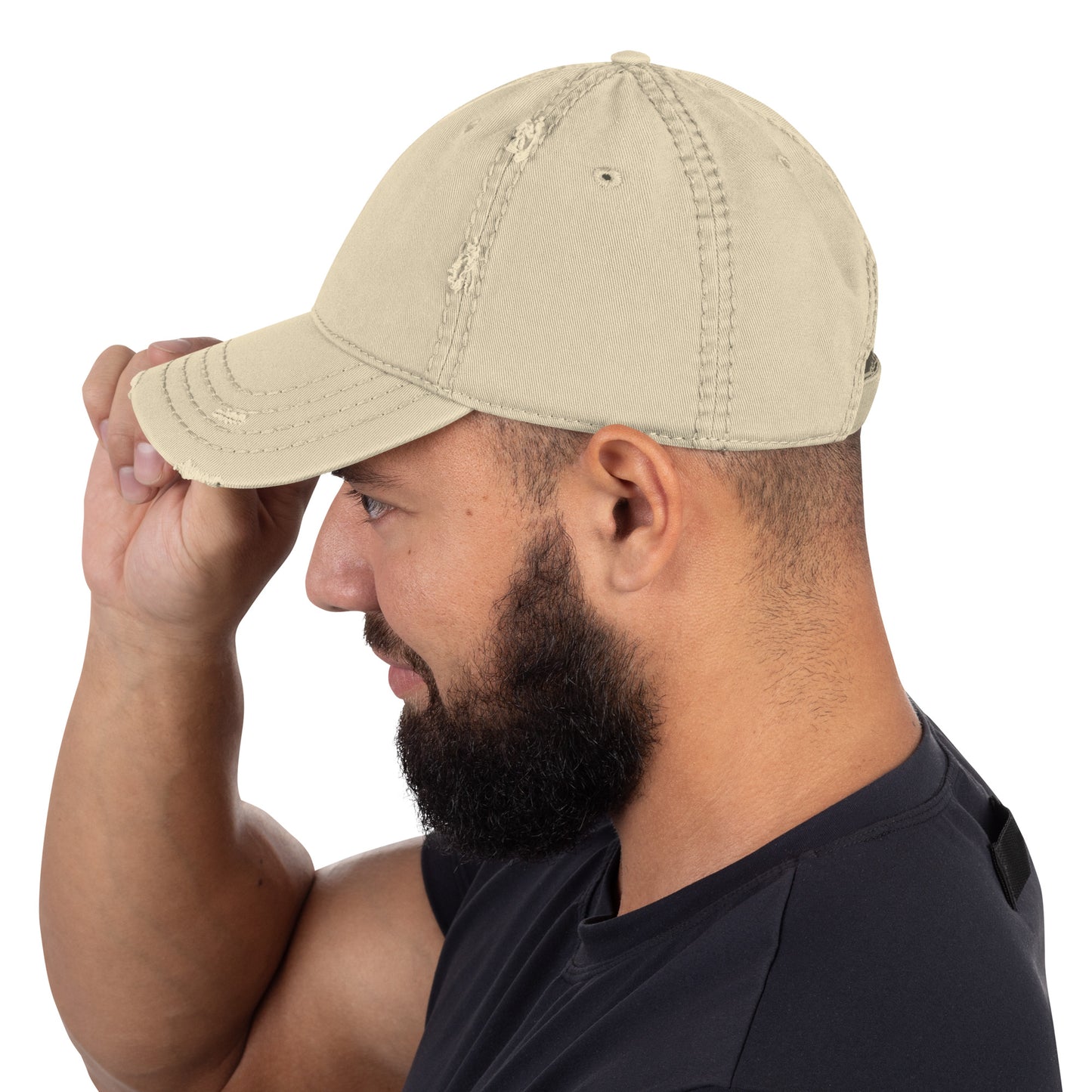 Craftklart distressed khaki dad hat, baseball cap with faded, worn look, shown from the left side.