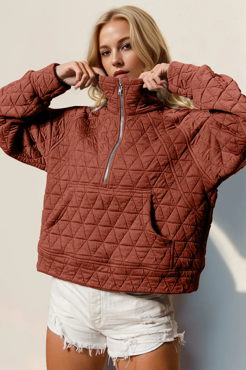 Double Take Half Zip Long Sleeve Quilted Sweatshirt with Pocket - Premium Bomber Jacket from Trendsi - Just $31.76! Shop now at Craftklart.store