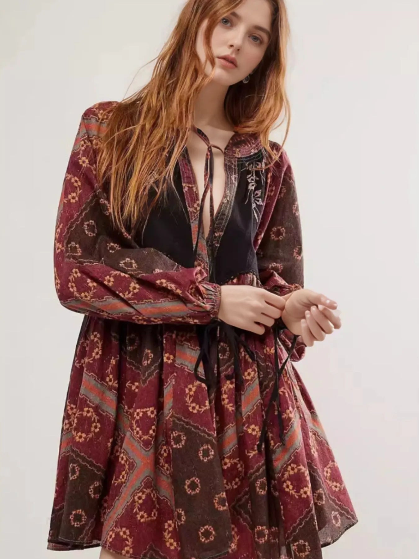 Printed Tie Neck Long Sleeve Dress - Premium Dress from Trendsi - Just $30.70! Shop now at Craftklart.store