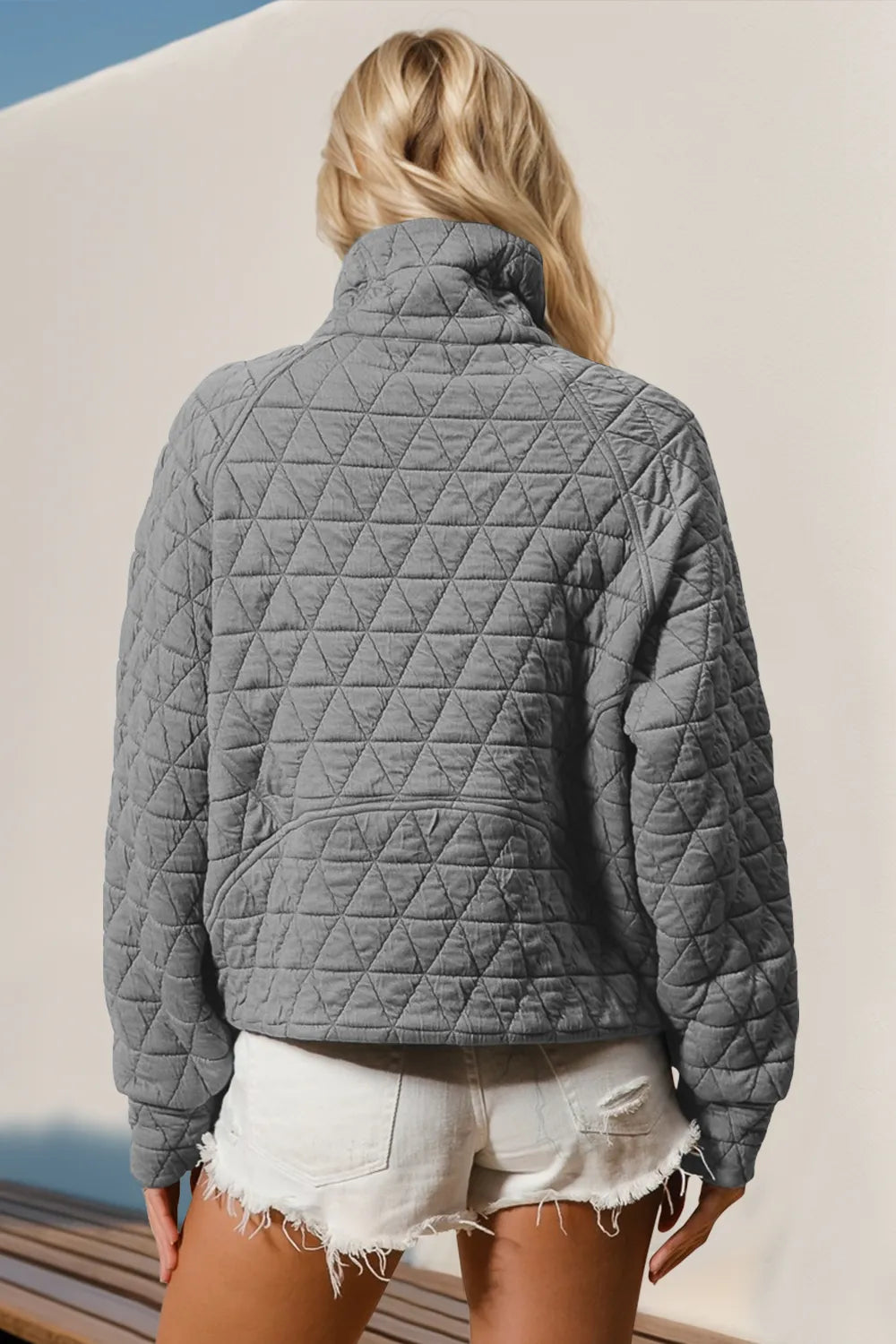 Double Take Half Zip Long Sleeve Quilted Sweatshirt with Pocket - Premium Bomber Jacket from Trendsi - Just $31.76! Shop now at Craftklart.store