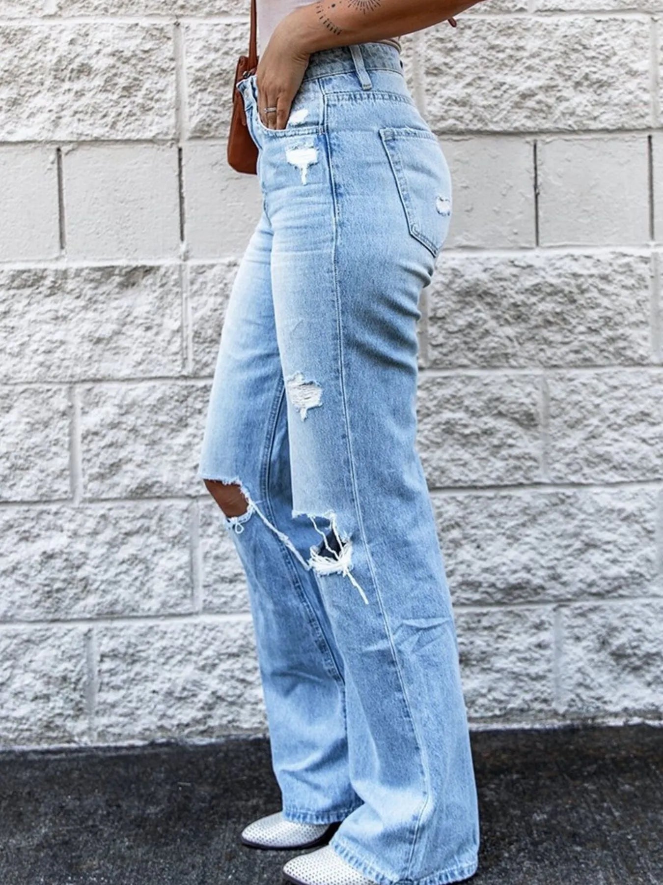 High Waist Distressed Jeans - Premium Pants from Trendsi - Just $30.57! Shop now at Craftklart.store