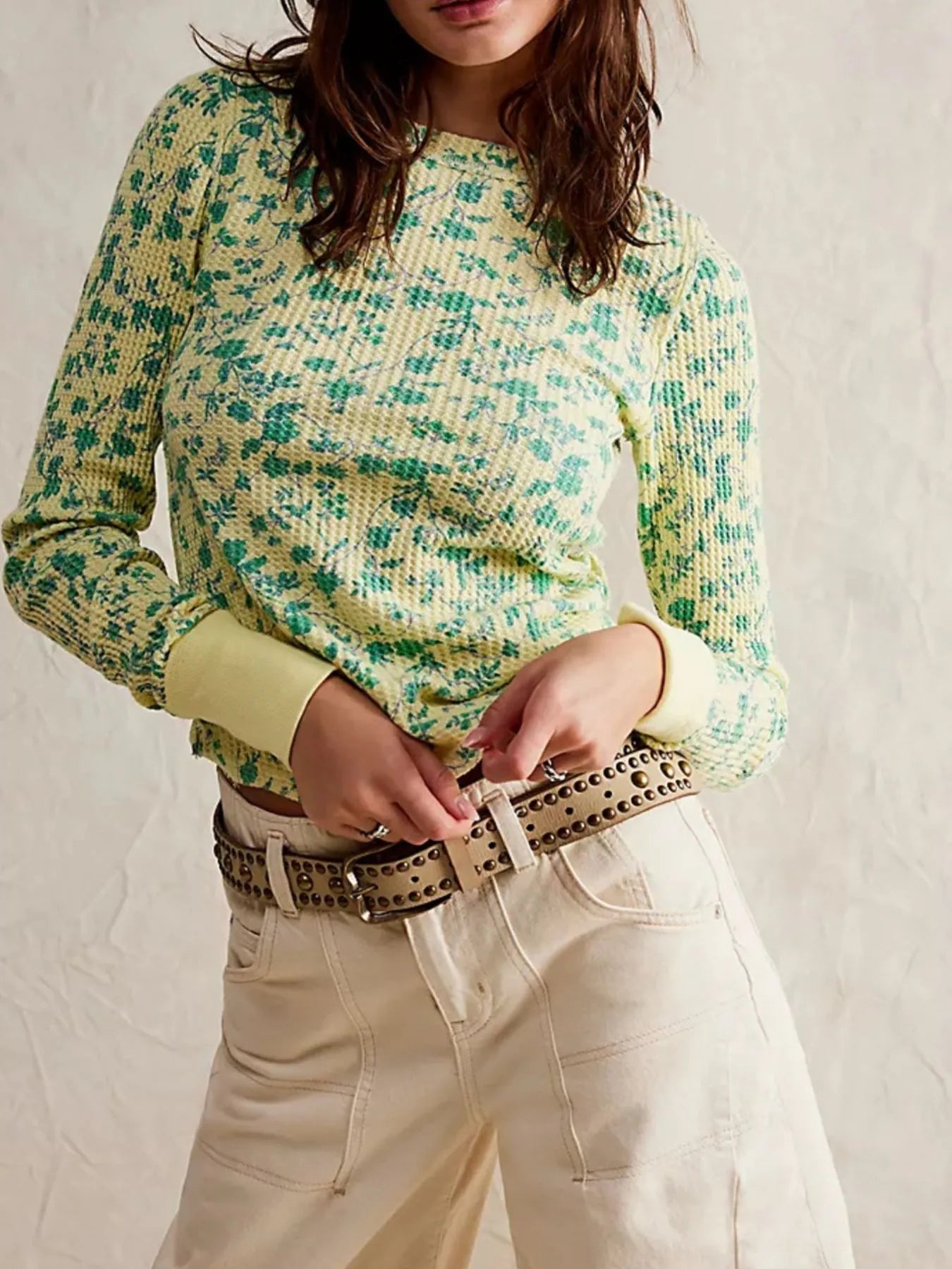 Floral Print Waffle Knit Top - Premium Jumper from Trendsi - Just $24.68! Shop now at Craftklart.store