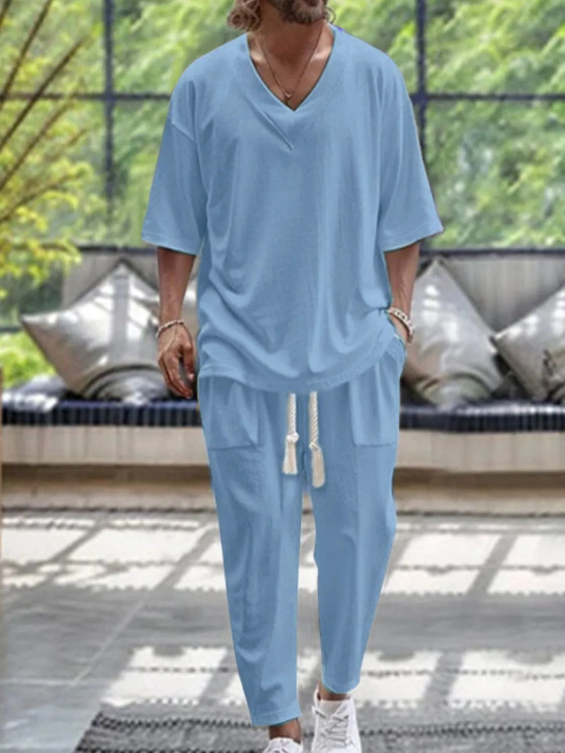 Men's V-Neck Half Sleeve Top and Pants Set - Premium from Trendsi - Just $23.01! Shop now at Craftklart.store