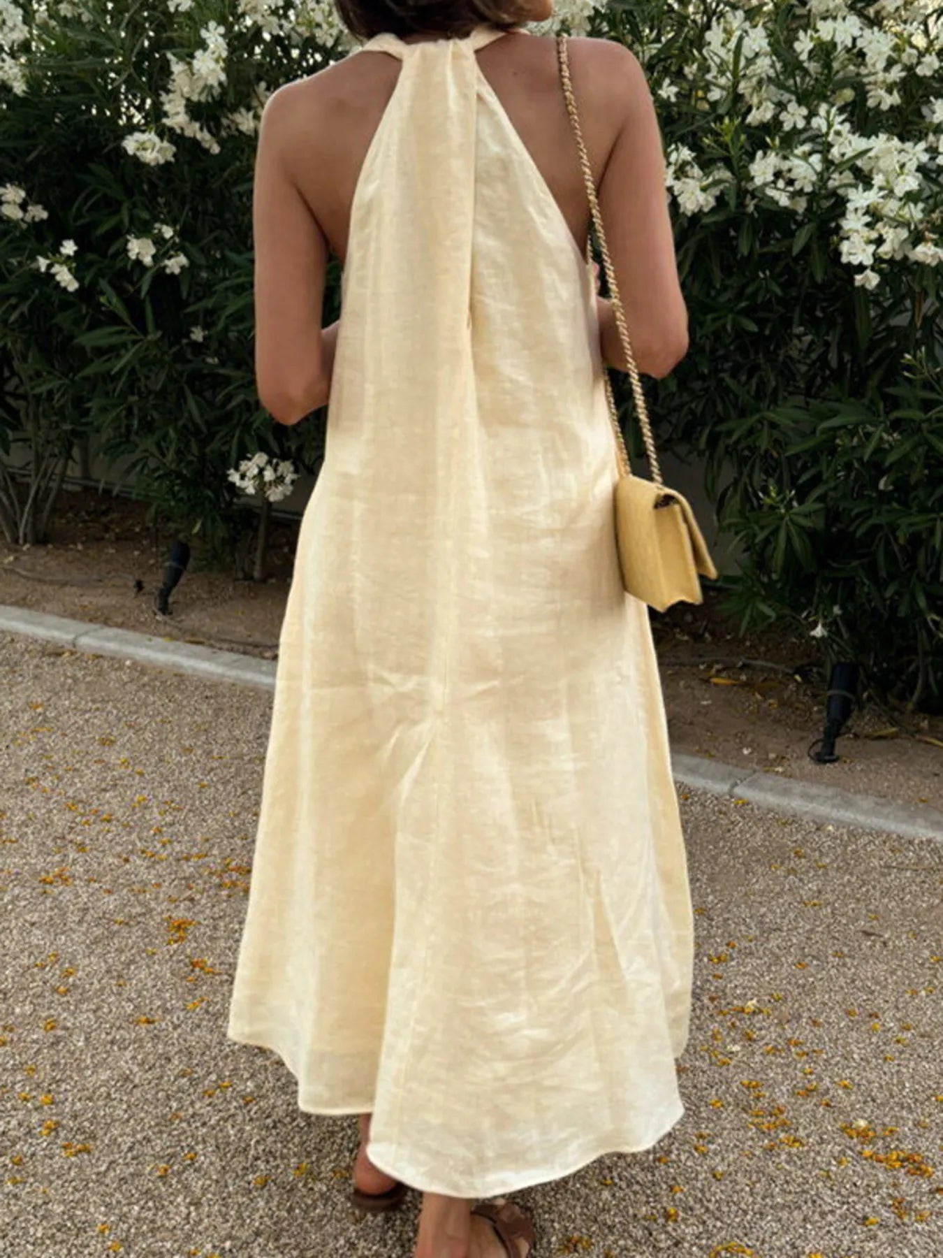 Halter V-Neck Linen Midi Dress - Premium from Trendsi - Just $28.78! Shop now at Craftklart.store