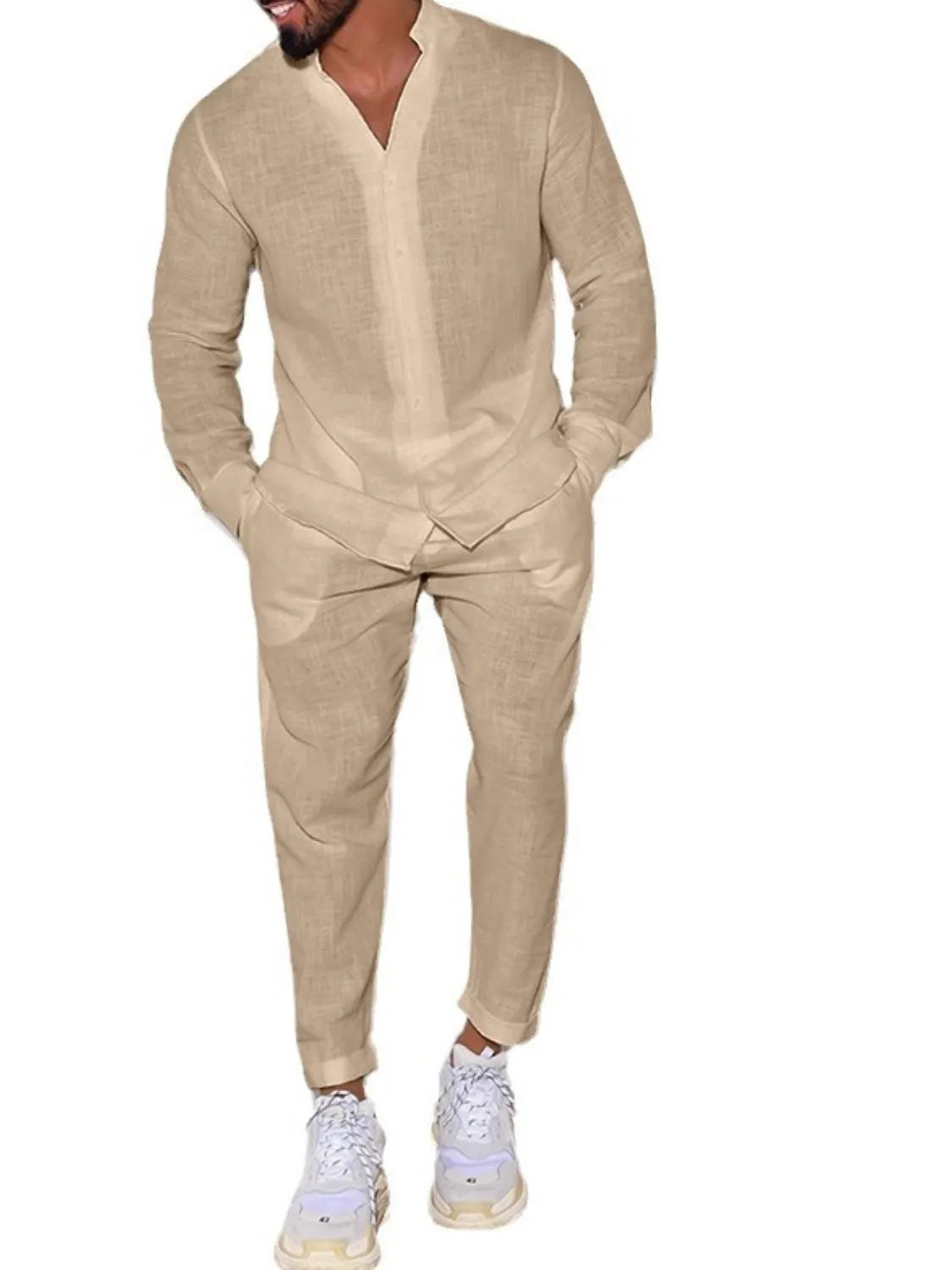 Men's Button Up Long Sleeve Top and Pants Set - Premium Pants from Trendsi - Just $24.57! Shop now at Craftklart.store