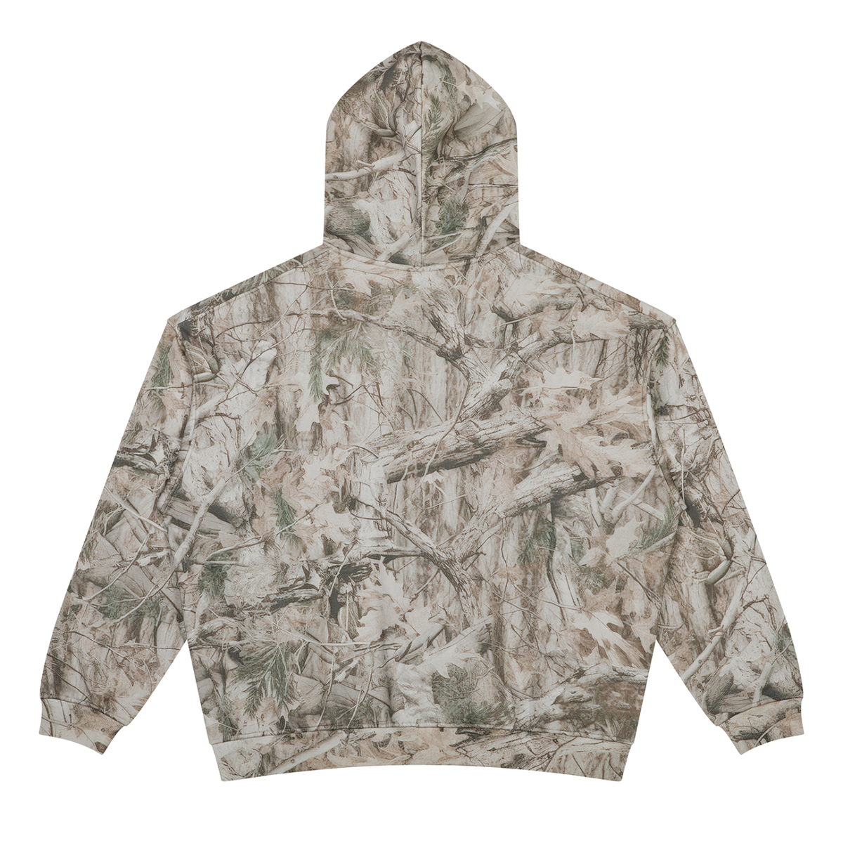 ODMPOD oversized fleece hoodie with tree camo print, featuring a cozy, relaxed fit and camouflage design for casual outdoor wear.