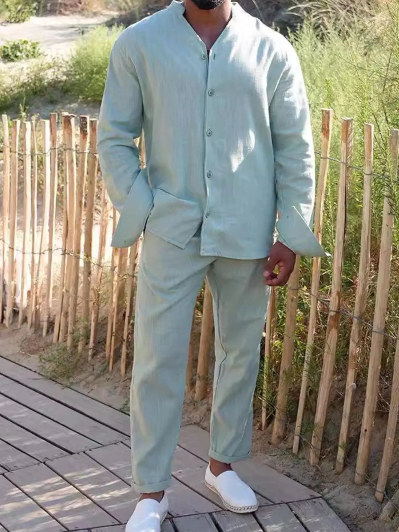 Men's Button Up Long Sleeve Top and Pants Set - Premium Pants from Trendsi - Just $24.57! Shop now at Craftklart.store