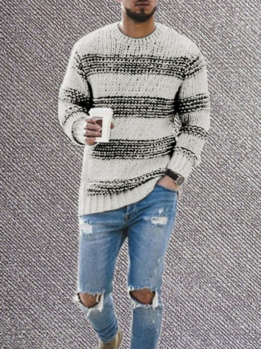 Men's Fitted Striped Round Neck Long Sleeve Knitted Sweater - Craftklart.store