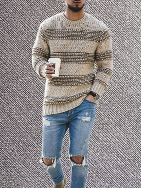 Men's Fitted Striped Round Neck Long Sleeve Knitted Sweater