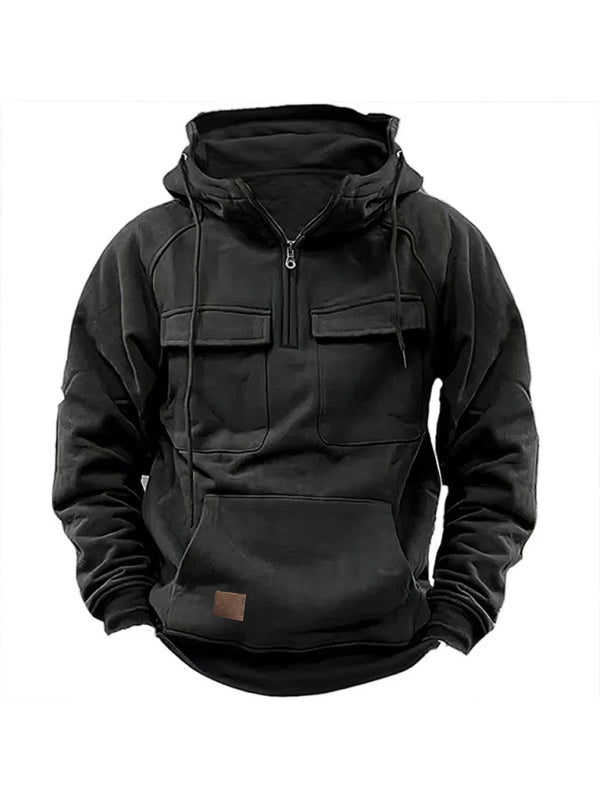 Men's Hooded Solid Color Sports Multi-pocket Leather Sweatshirt Jacket - Premium Hoodie from kakaclo - Just $36! Shop now at Craftklart.store