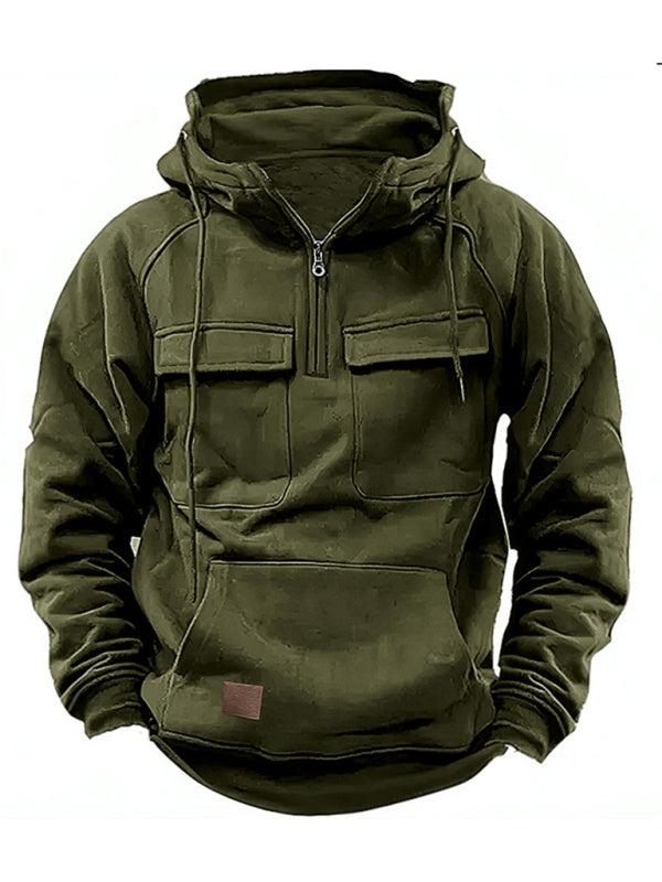 Men's Hooded Solid Color Sports Multi-pocket Leather Sweatshirt Jacket - Premium Hoodie from kakaclo - Just $36! Shop now at Craftklart.store