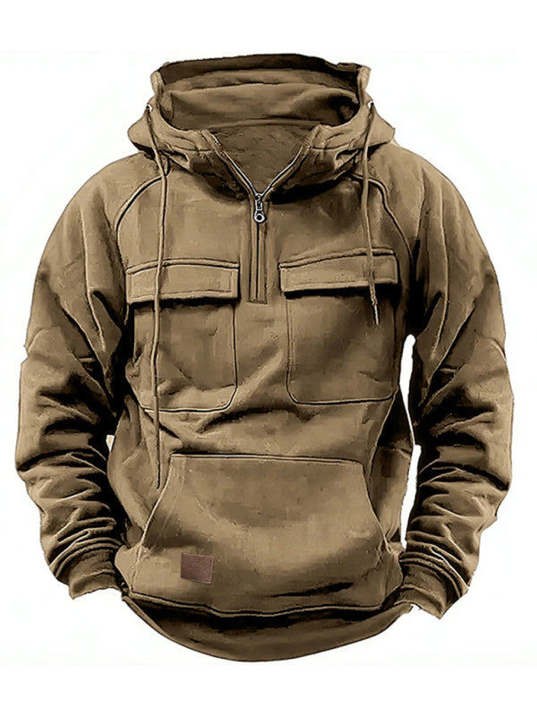 Men's Hooded Solid Color Sports Multi-pocket Leather Sweatshirt Jacket - Premium Hoodie from kakaclo - Just $36! Shop now at Craftklart.store