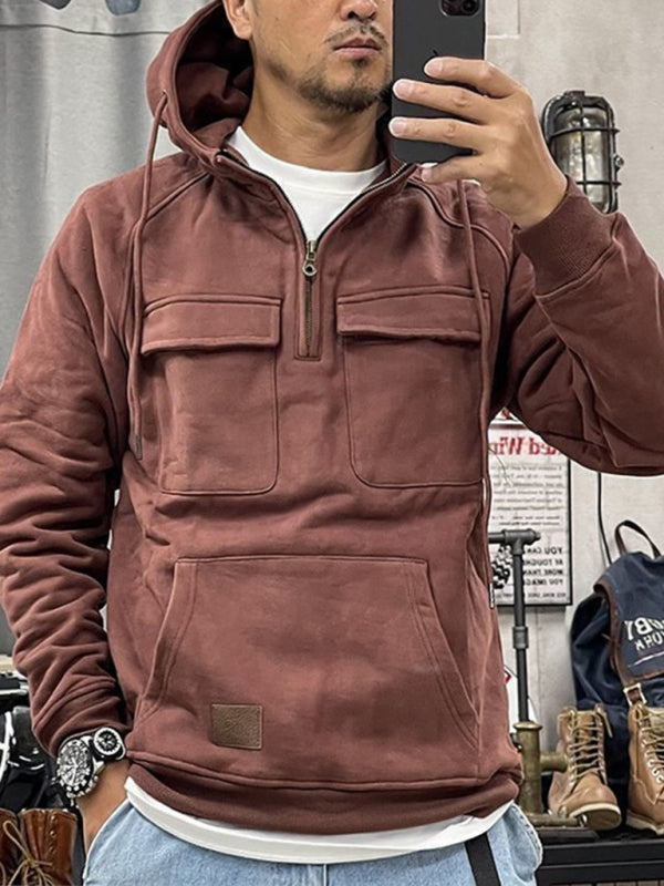 Men's Hooded Solid Color Sports Multi-pocket Leather Sweatshirt Jacket - Premium Hoodie from kakaclo - Just $36! Shop now at Craftklart.store