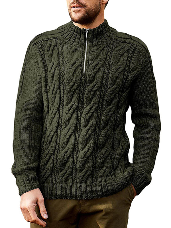 Men's Solid Color Zipper Half Turtleneck Long Sleeve Sweater