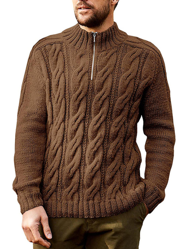 Men's Solid Color Zipper Half Turtleneck Long Sleeve Sweater