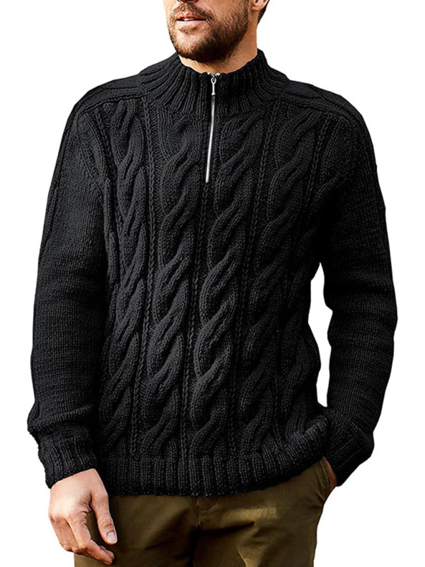 Men's Solid Color Zipper Half Turtleneck Long Sleeve Sweater