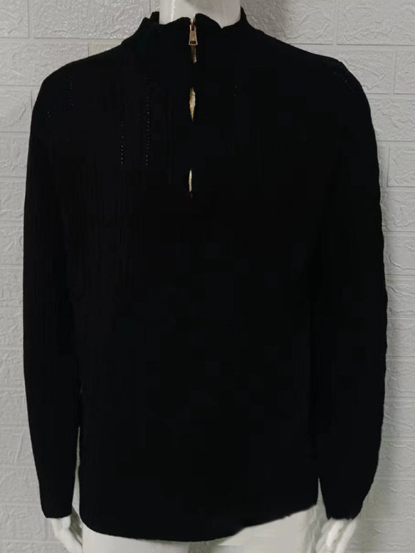Men's Solid Color Zipper Half Turtleneck Long Sleeve Sweater
