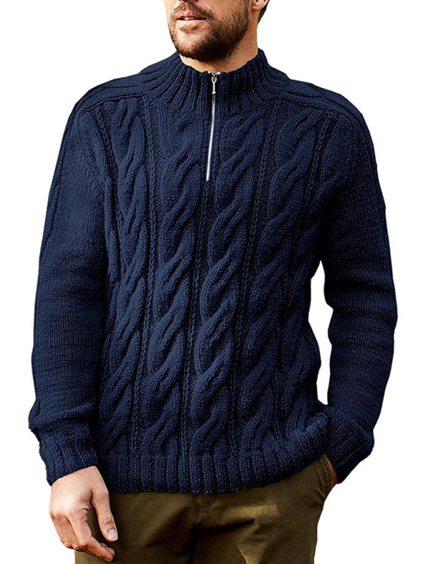 Men's Solid Color Zipper Half Turtleneck Long Sleeve Sweater