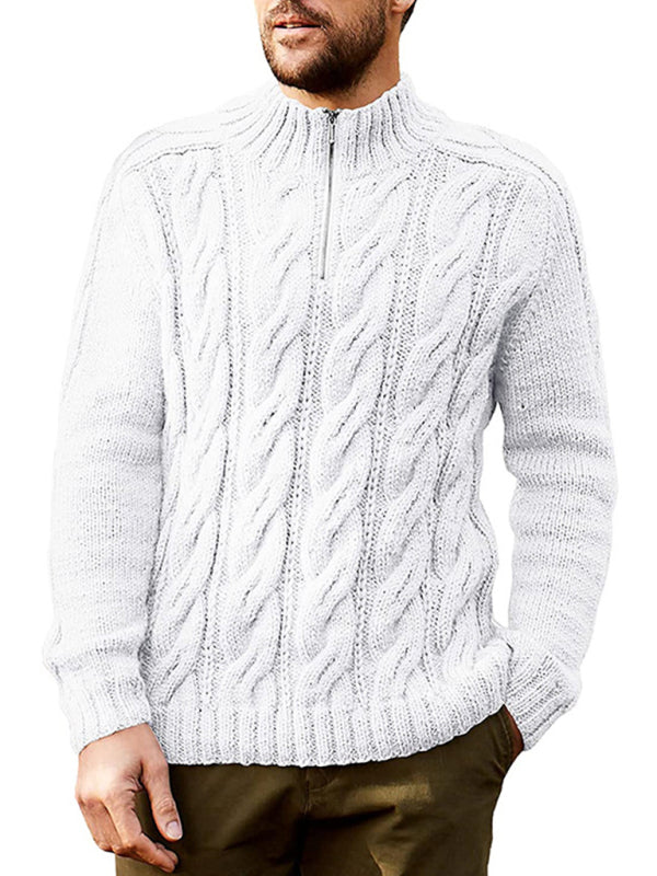Men's Solid Color Zipper Half Turtleneck Long Sleeve Sweater