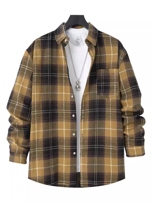 Men's Brushed Thin Plaid Long-sleeved Casual Shirt