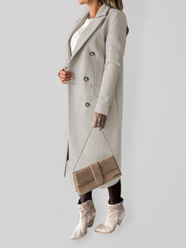 Women's Solid Color Long-sleeved Double-breasted Trench Coat